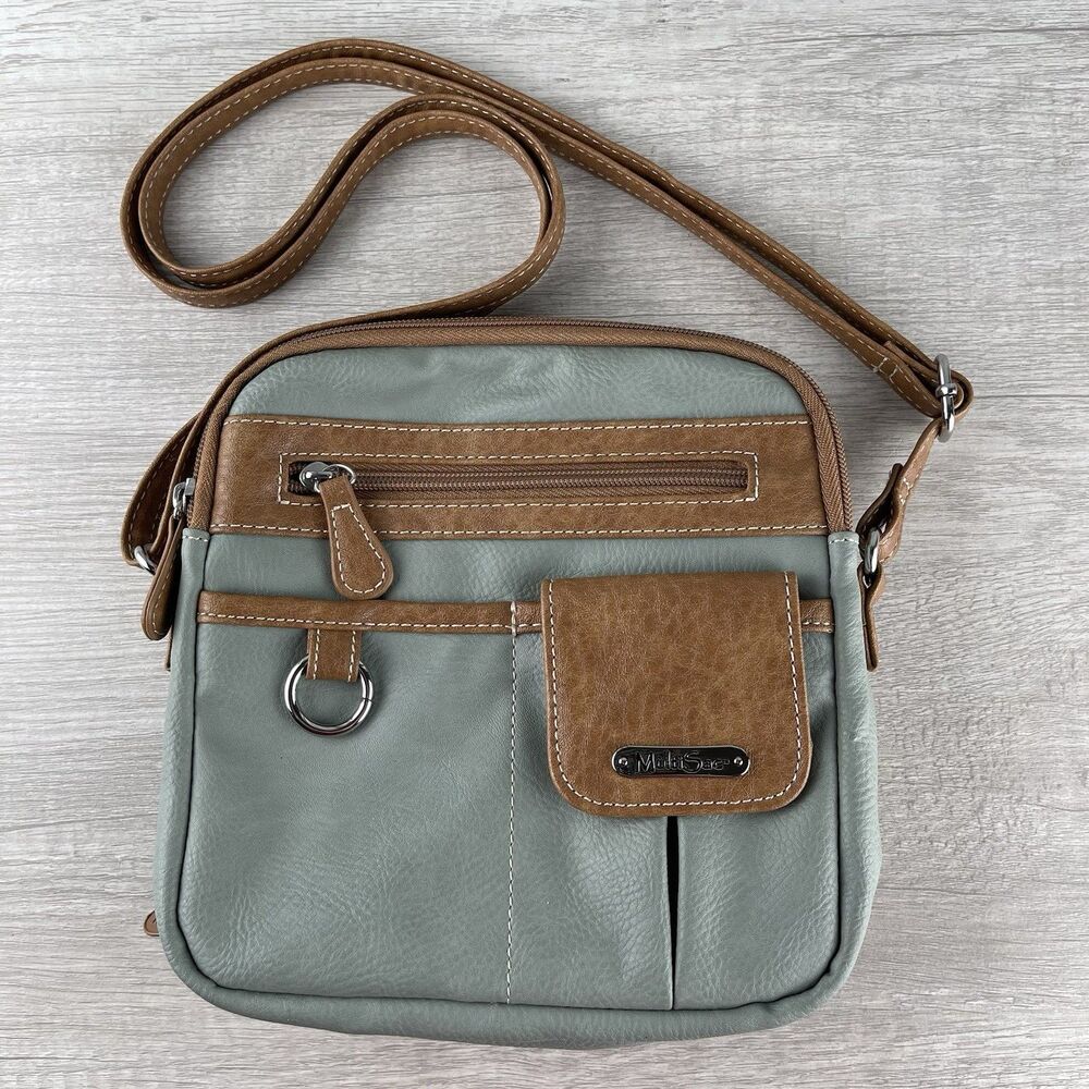 MultiSac North South Zip Around Crossbody Muted Seafoam Green w/ Cognac Trim New